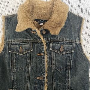 Vintage GAP Dark Blue Denim Jean Jacket Vest with Brown Faux Fur
